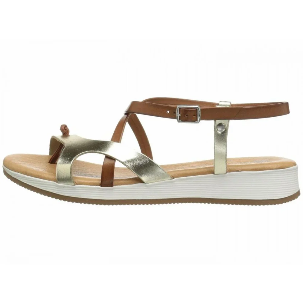 NEW Eric Michael Women Tan Gold Leather Platform Strap Buckle Thong Comfort - Picture 2 of 7